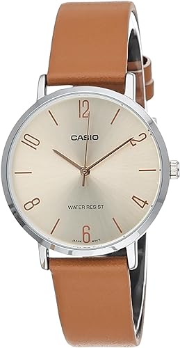 LTP-VT01L-5DUDF Casio Beige Dial Brown Leather Band Analog Quartz Women's Watch.