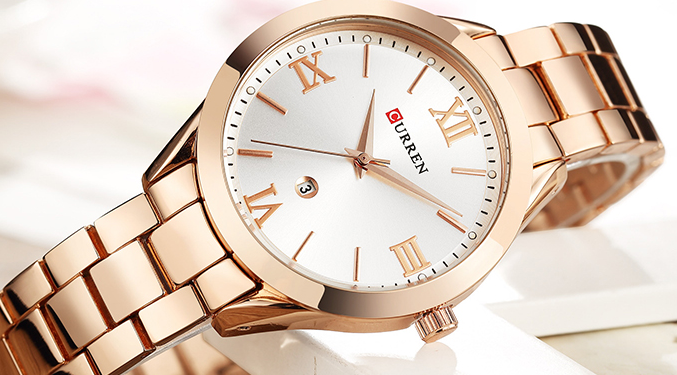 C-9007L Curren Silver Dial Rosegold Stainless Chain Steel Analog Quartz Women's Watch.