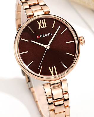 C9017L Curren Brown Dial Rose-gold Stainless Steel Chain Analog Quartz Women's Watch.